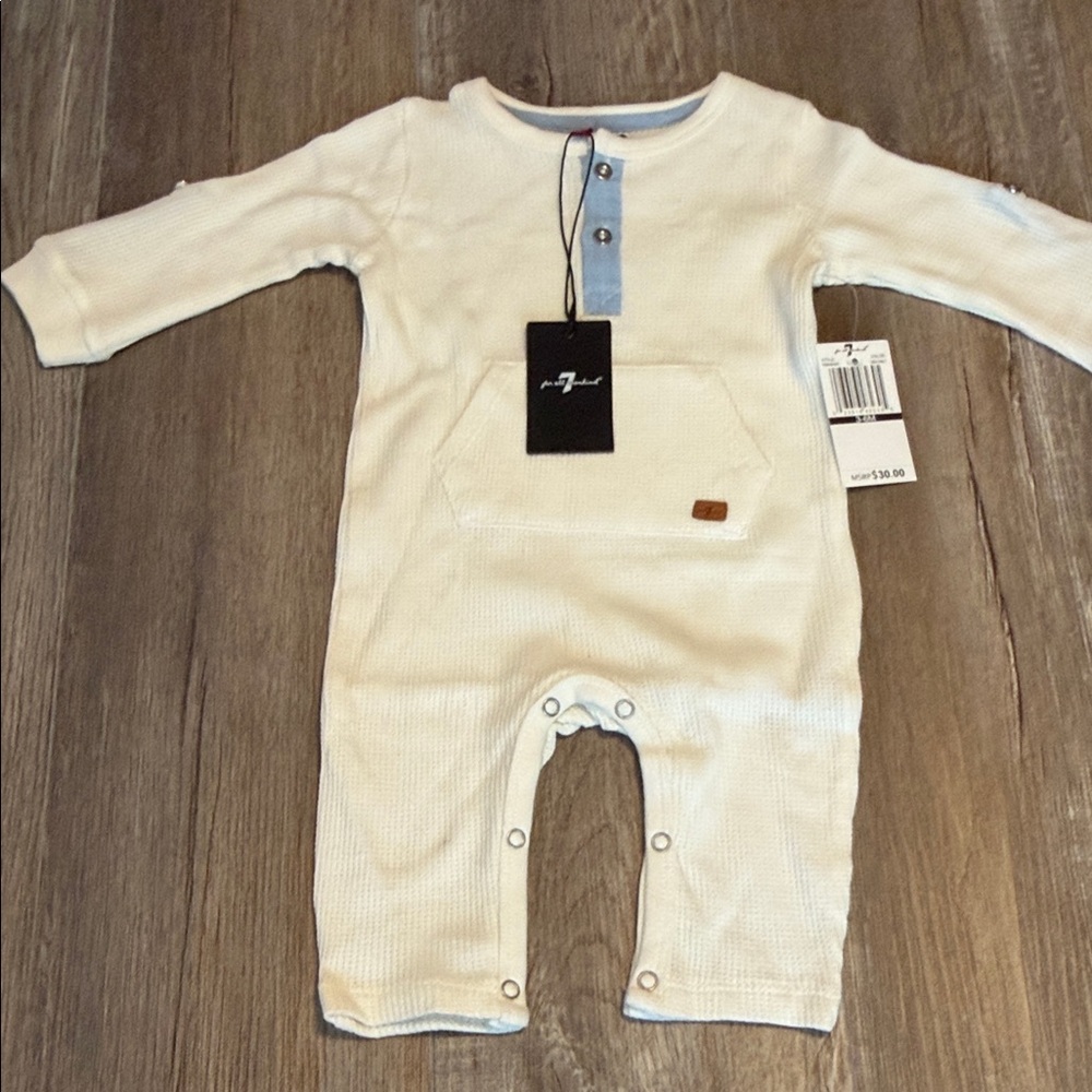 7 For All Mankind Cream Waffle Knit One Piece with Light Blue Trim